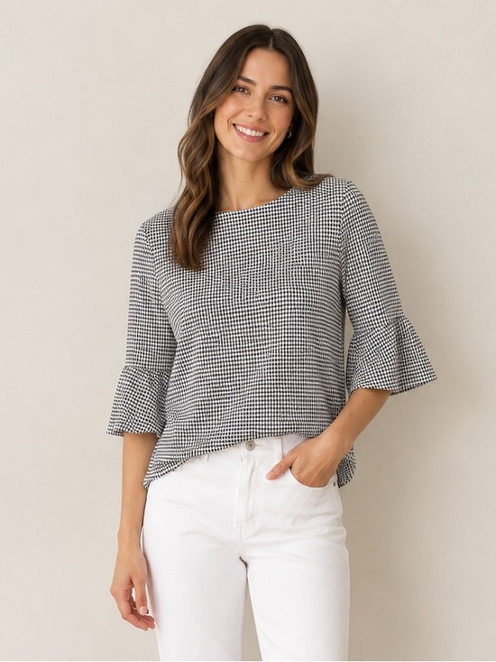 Jude Connally Tops - Jude Connally Dixie Houndstooth Print 3/4 Bell Sleeves Top Taupe Cream Size L